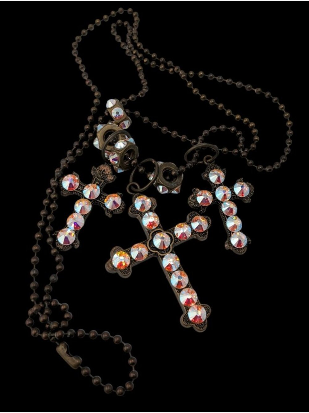 Vintage Triple Cross Necklace Rhinestone Pendant Glam Goth Gold Iridescent Pink